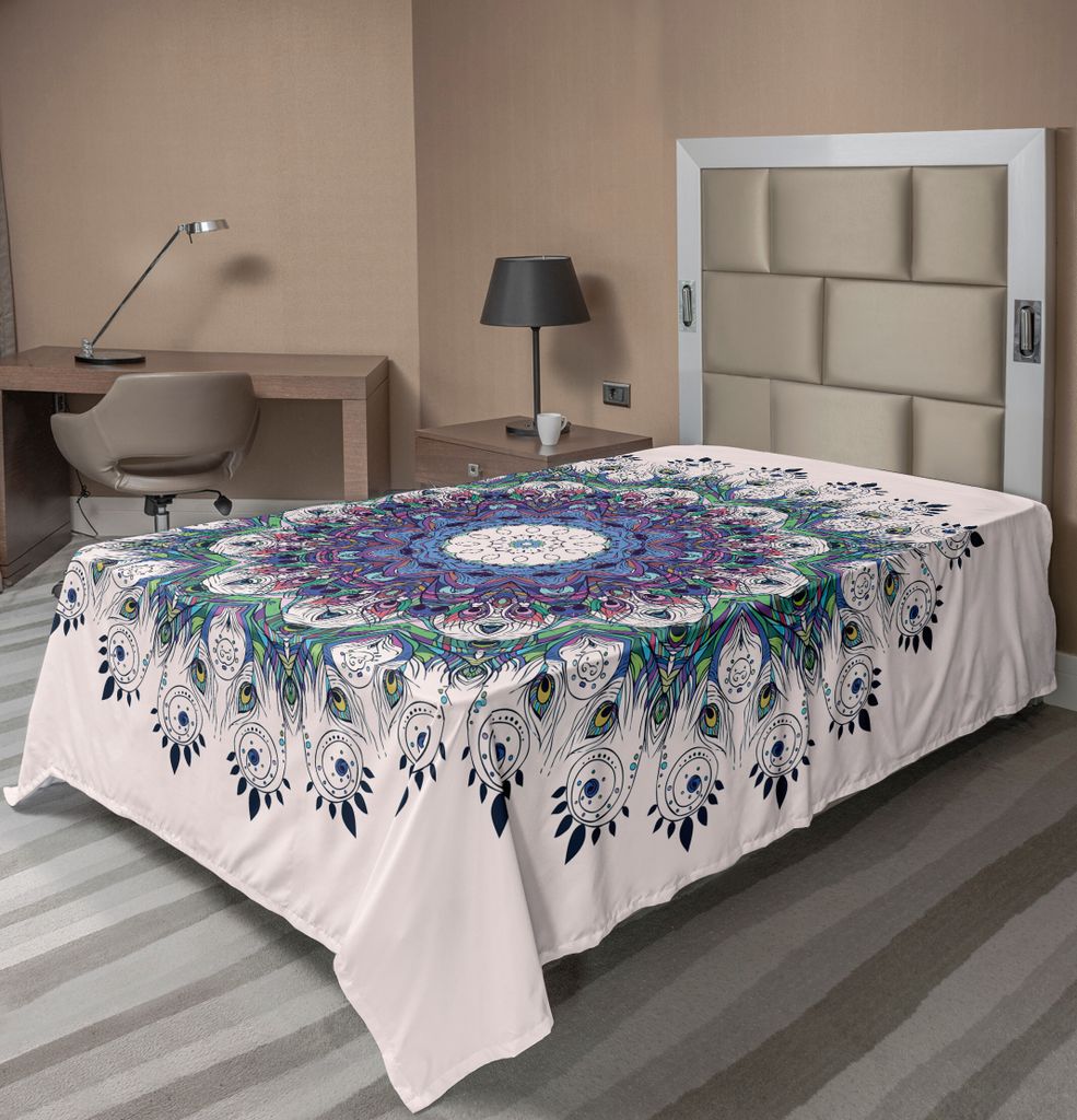 ABAKUHAUS Mandala Bettlaken, Bunte und Künstlerische Runde Motiv mit Pfauenfedern Tribal Stil Illustration, weiches bequemes oberes Bettlaken für...