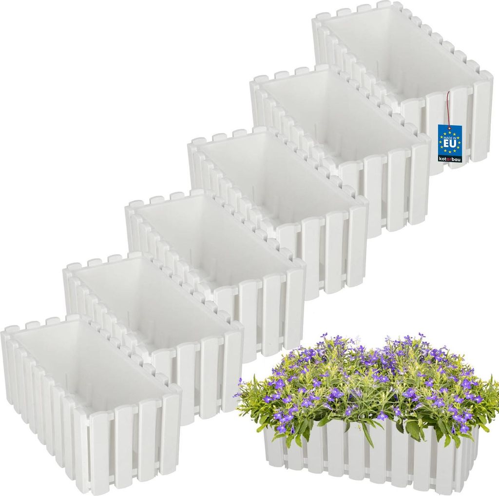 KOTARBAU 6er Set Blumenkasten Blumentopf 38x18x16 cm Weiß Kunststoff Pflanzkasten Balkonkasten Pflanzkübel Rechteckig Übertopf Groß Blumenkas...