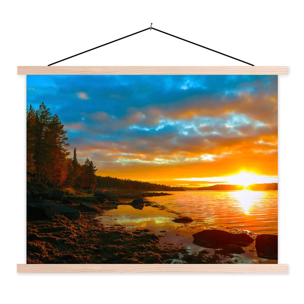 MuchoWow Textilposter Sonne - Landschaft - Wasser - Bäume 120x90 cm mit holzfarbenen Rahmen - Magnetisch