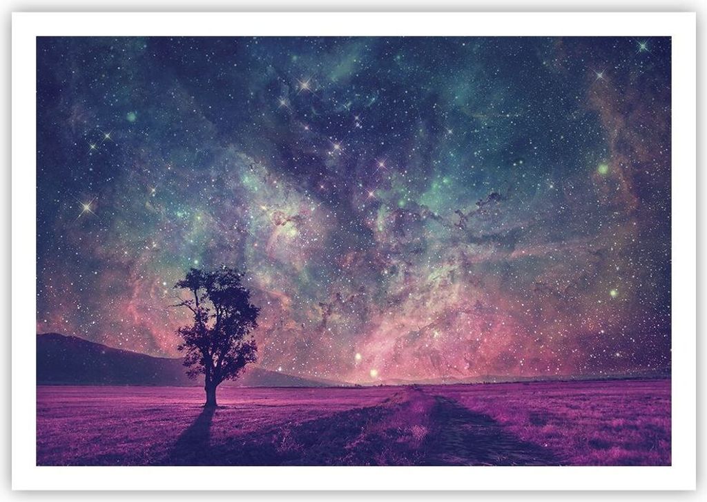 Poster - Poster ohne Rahmen - Kosmos Baum Wiese - 100x70 cm - Wand Bild - Wanddeko - Wandbilder - Kunstposter - Wandposter - Bilder - Kunstdruck - ...