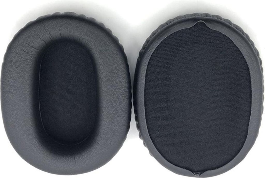 Two black ear pads for headphones are shown against a white background.