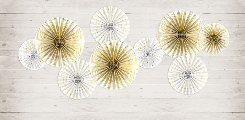 Deko Papier Rosetten mit Muster 23-40cm weiß gold 4er Set