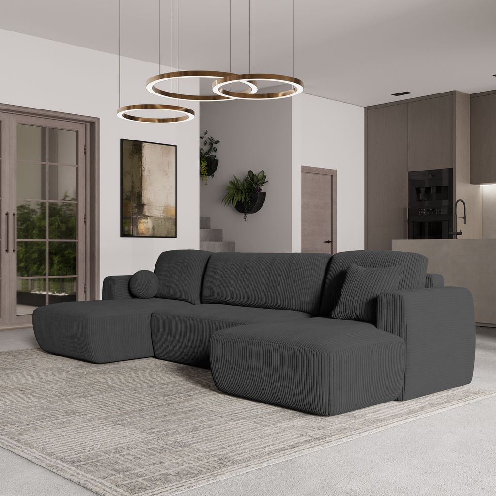 Masseno Ecksofa SENTUM P mit Schlaffunktion U-Form, Sofa mit Bettkasten, Wohnzimmersofa, Couch, Soffa, Bettsofa, Couchgarnitur- Grau, POSO 34