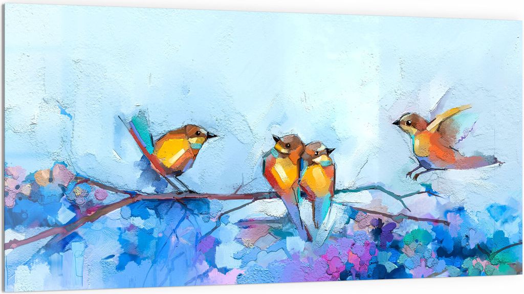 DEQORI Küchenrückwand Glas 100x50 cm 'Vier Vögel auf Ast' Spritzschutz Bad Rückwand