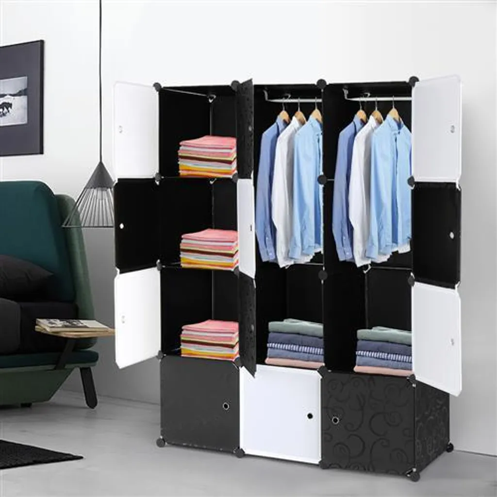 FCH Armoire Penderie 12 Cubes Modulable 108x47x142cm Noir et Blanc
