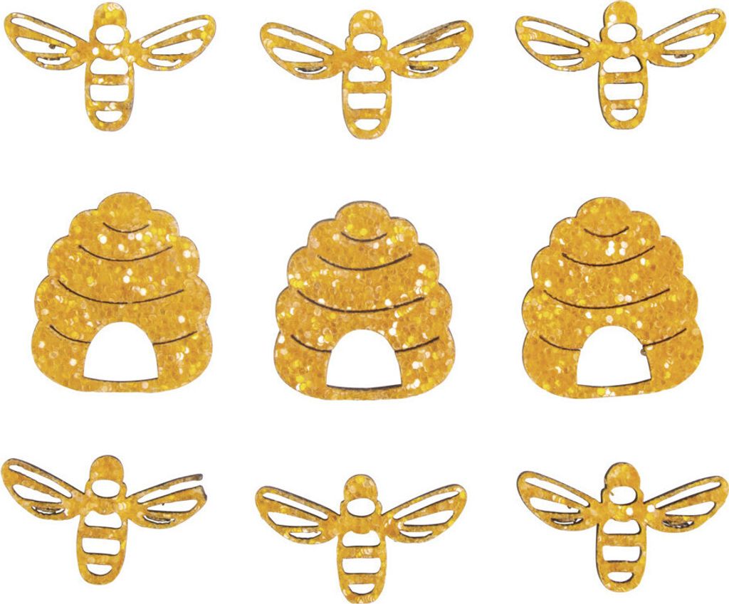 9 Mini-Glitzerdekorationen aus Holz Bienen und Bienenstöcke