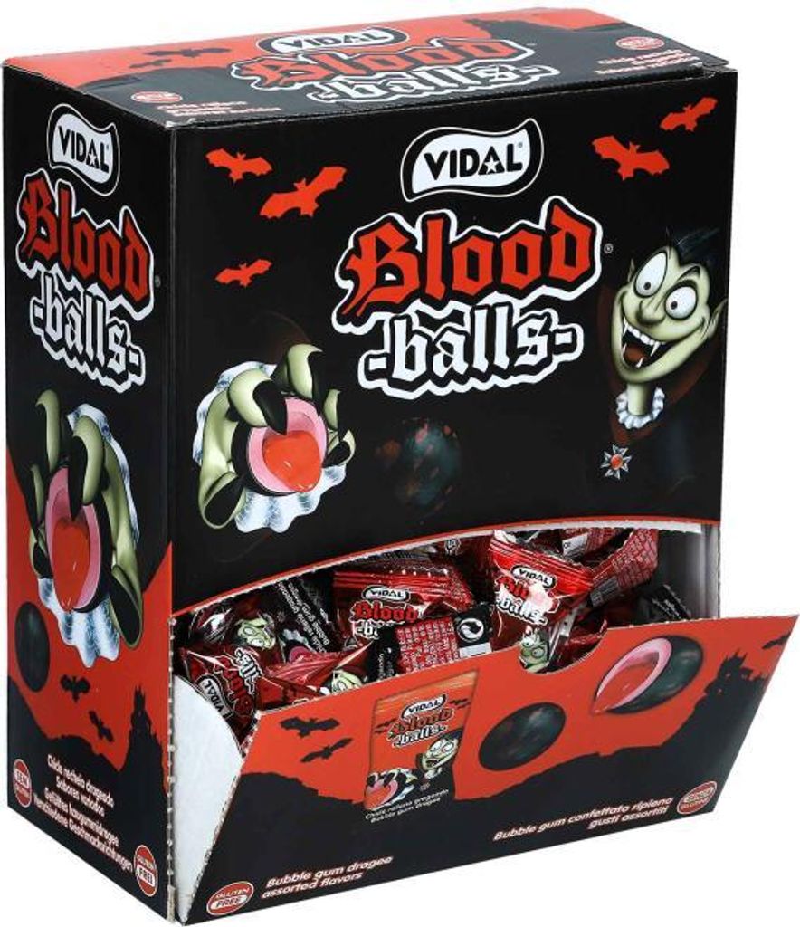 Display Komplett Vidal Blood Balls 5 g Kaugummi Erdbeergeschmack saurer, füllung 200 Stück