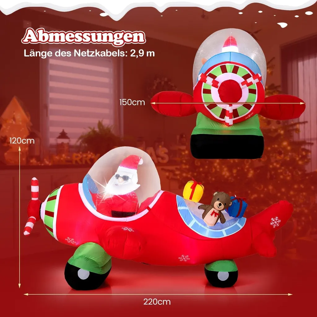 Père Noël gonflable avion lumineux LED 220 cm résistant extérieur
