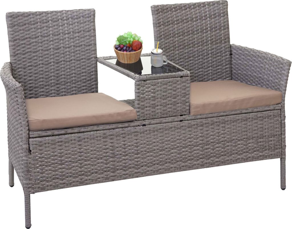 Poly-Rattan Sitzbank mit Tisch MCW-E24, Gartenbank Sitzgruppe Gartensofa, 132cm grau, Kissen creme