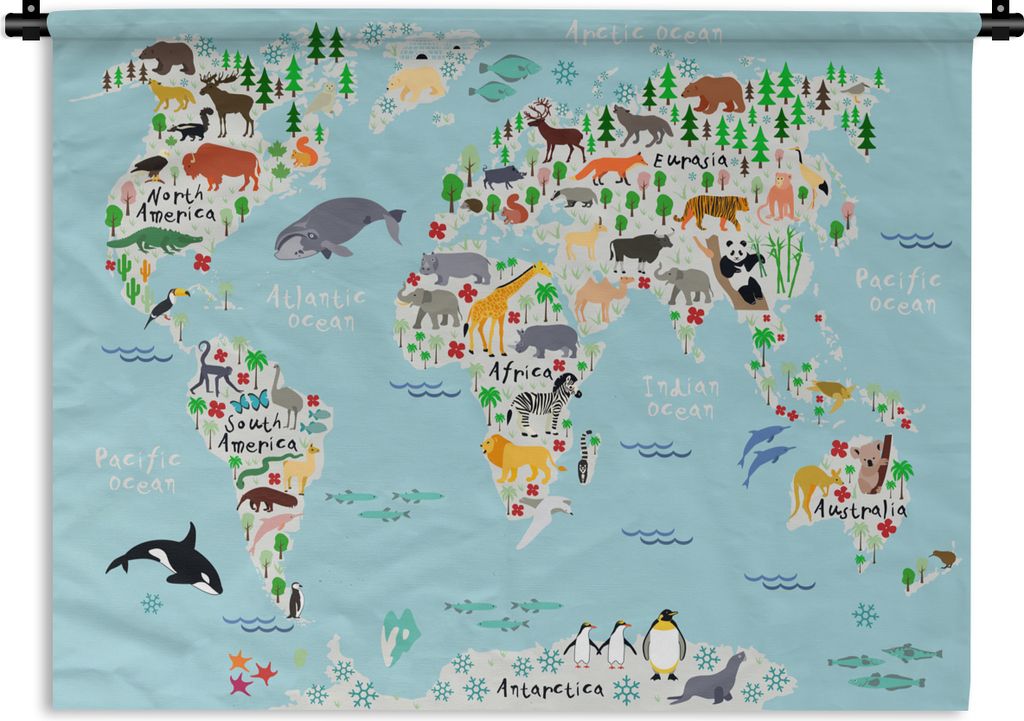 MuchoWow Wandteppich Wandbehang Welt - Karte - Kinder - Tiere - Blau - Jungen 60x45 cm Tapisserie Dekoration Wandtuch - Das Schlafzimmer