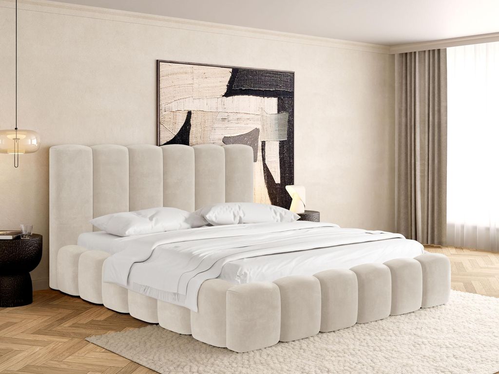 Polsterbett 160x200 mit Bettkasten und Lattenrost – Creme Bett mit hohem Kopfteil, Boucle oder Samt Stoff - Modernes Doppelbett mit Stauraum – ...