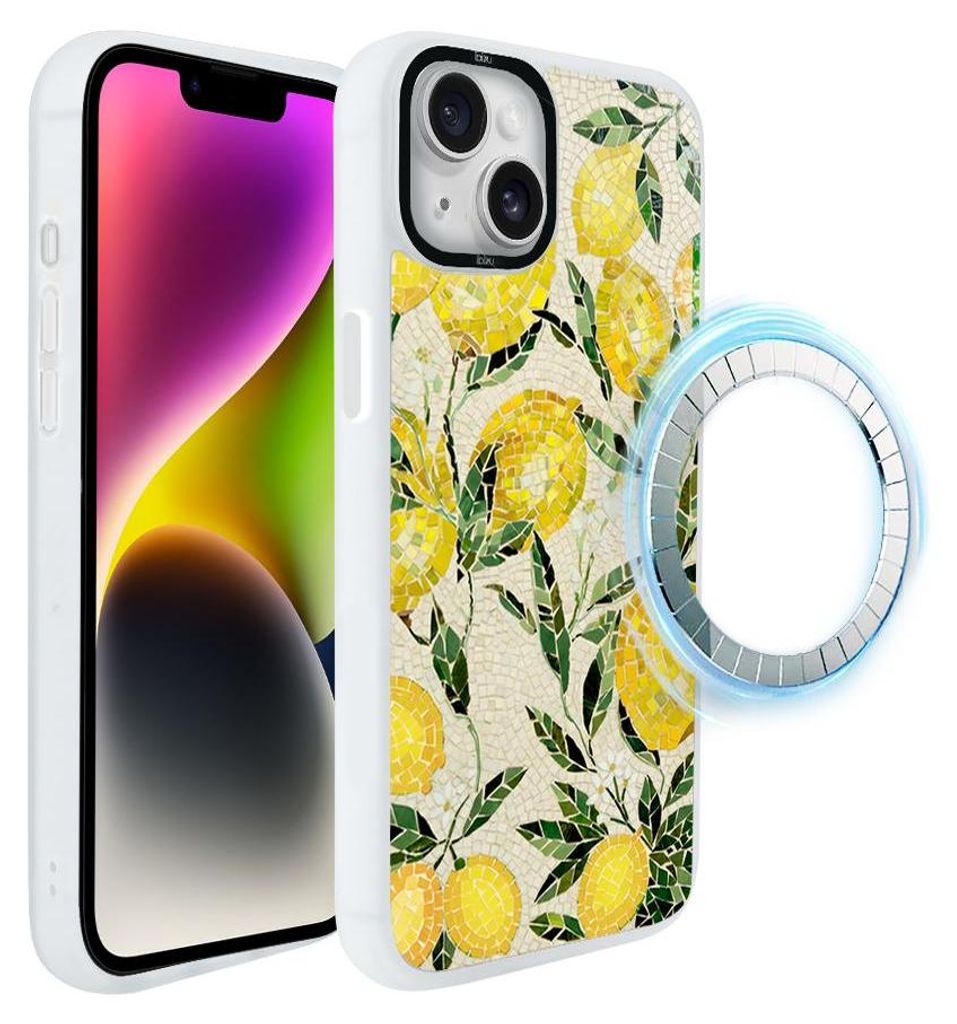 Schutzhülle für das iPhone 14 Plus, MagSafe-kompatibel, mattweiße Seiten, Obst, Zitronen, Mosaik