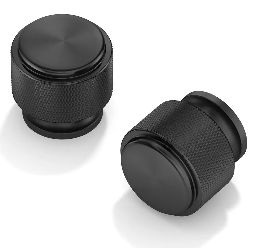 Boutons de meuble noir mat 25 mm, poignées nervurées antitraces lot de 10