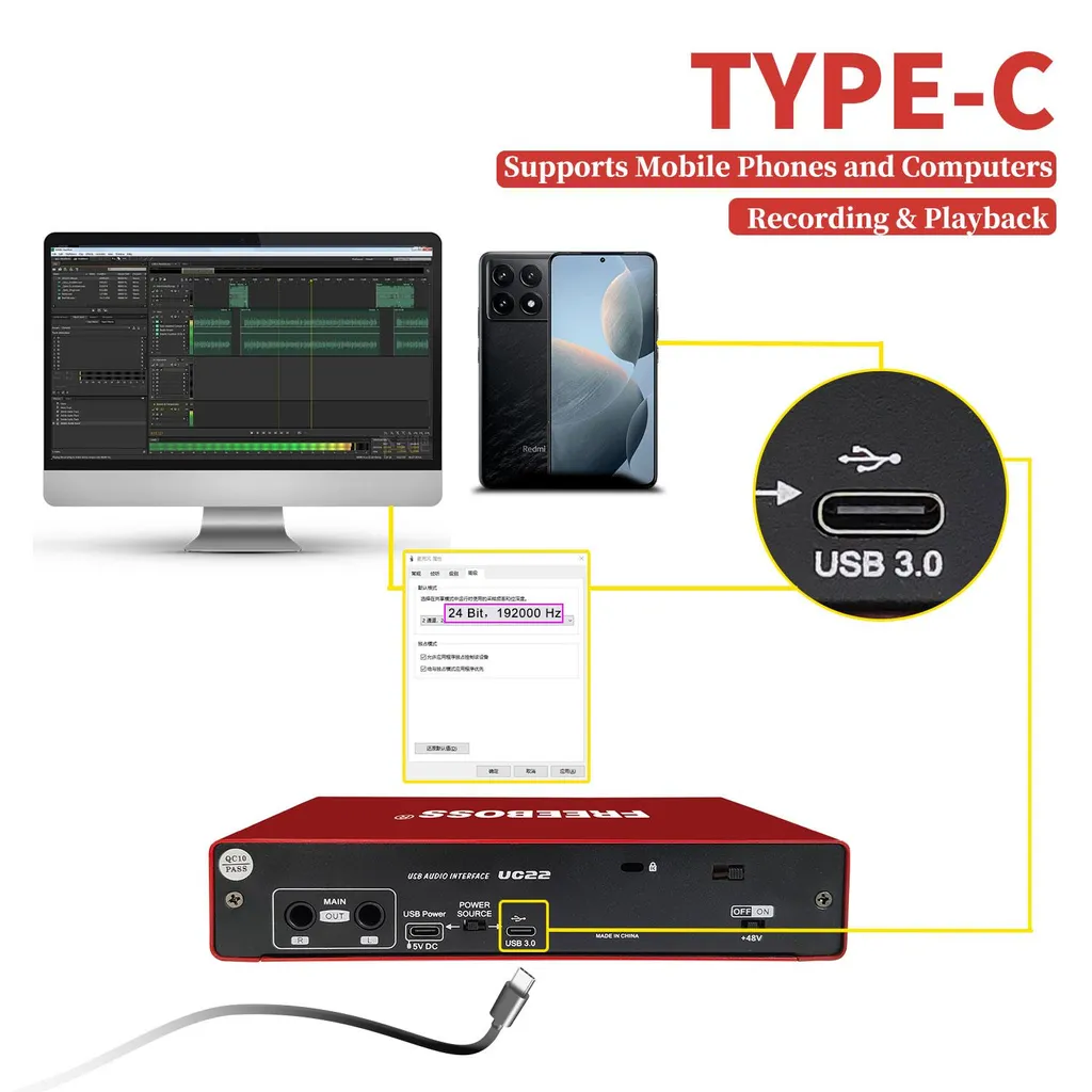 Interface audio UC22 192KHz avec +48V pour micro condensateur et PC - 6
