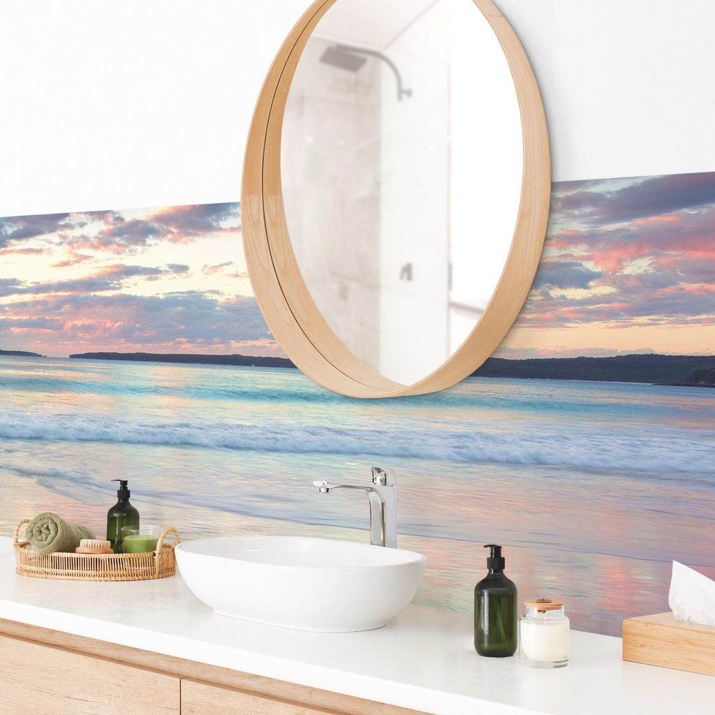 Wandverkleidung Bad Strand selbstklebend - 0.61 mm Wandpaneel matt wasserfest Sonnenuntergang pastell Tropisch Badrückwand fugenlos 175x50 cm