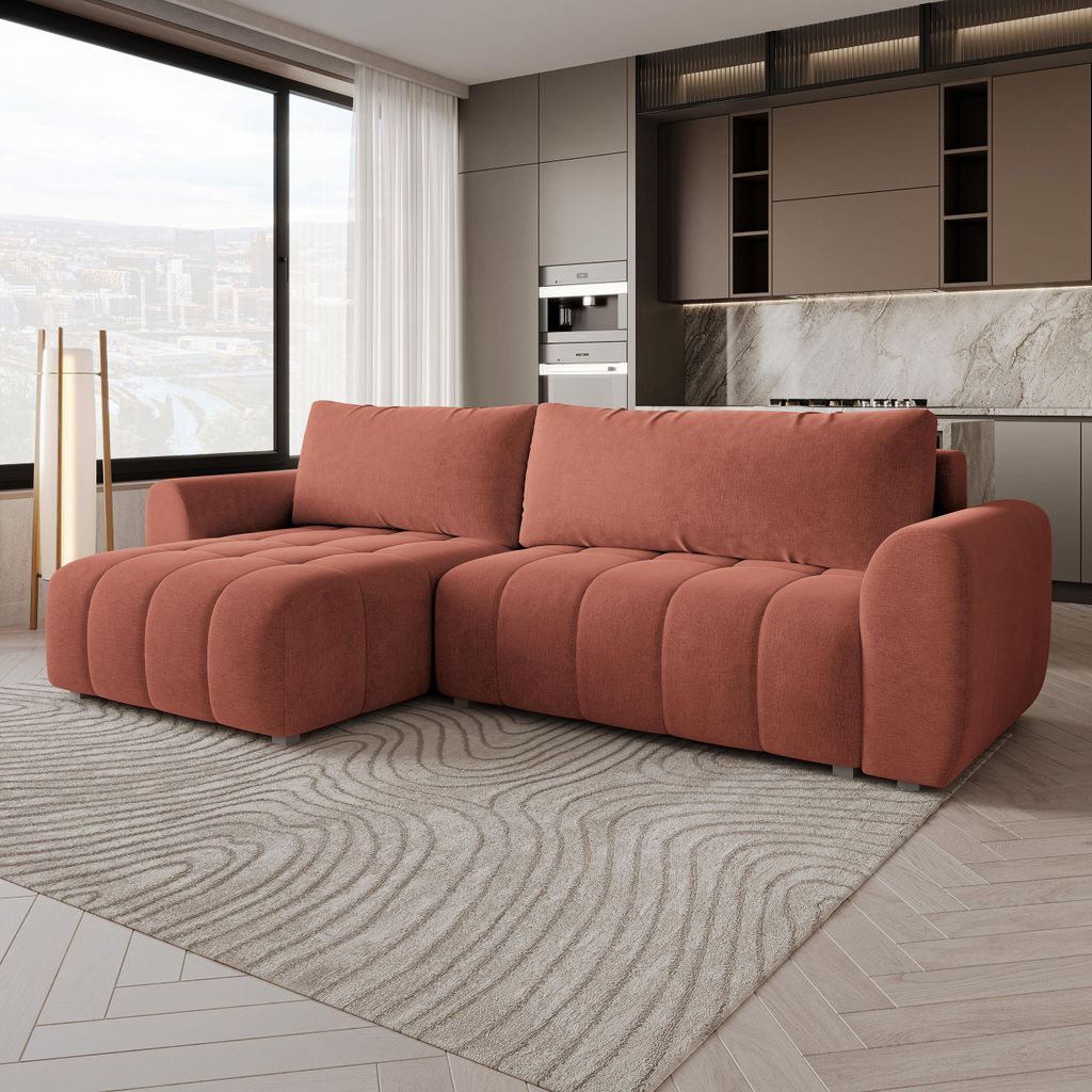 Masseno Ecksofa MODARO CL mit Schlaffunktion L-Form, Sofa mit Bettkasten, Wohnzimmersofa, Couch, Soffa, Bettsofa, Couchgarnitur- Koralle, CASTEL 55