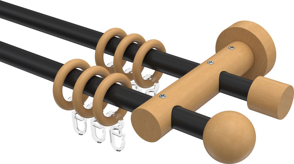 Interdeco Gardinenstange / Vorhangstange Schwarz / Buche lackiert, Typ Adrian Geo (Kugel), 16 mm Ø 2-läufig, 220 cm