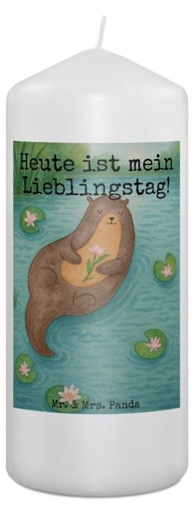 Mr. & Mrs. Panda Kerze Otter Seerose Design 19 x 8 cm - Weiß - Geschenk, Wasser, Wachskerze, Blockkerze, Stumpenkerze, Bedruckte, Lieblingstag, Er...