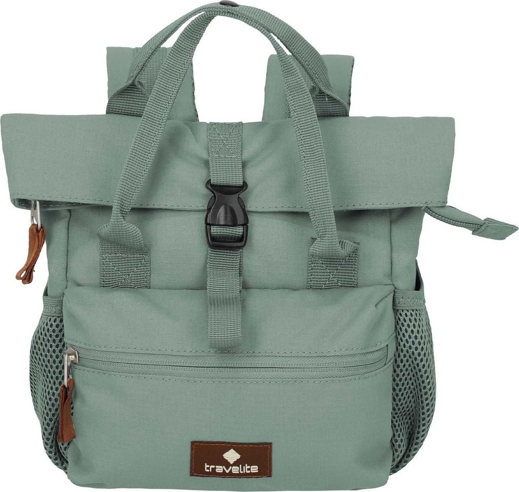 A front view of a mint green backpack.