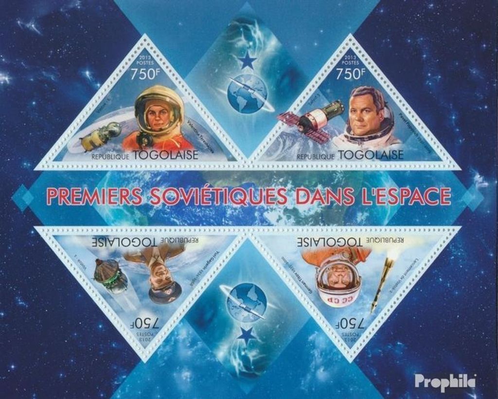Briefmarken Togo 2013 Mi 5031-5034 Kleinbogen (kompl. Ausgabe) postfrisch Erste sowj. Astronauten im Weltraum