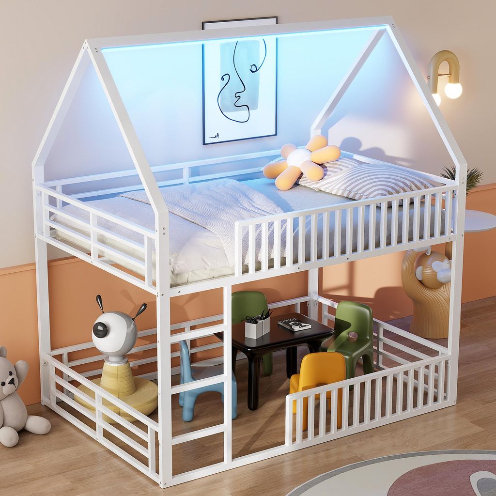 Metall Haus-Etagenbett 140x200 cm Weiß | Stabiles Kinderbett mit LED-Beleuchtung & Rausfallschutz | Modernes Hausbett für Jugendliche | Inkl. Lat...