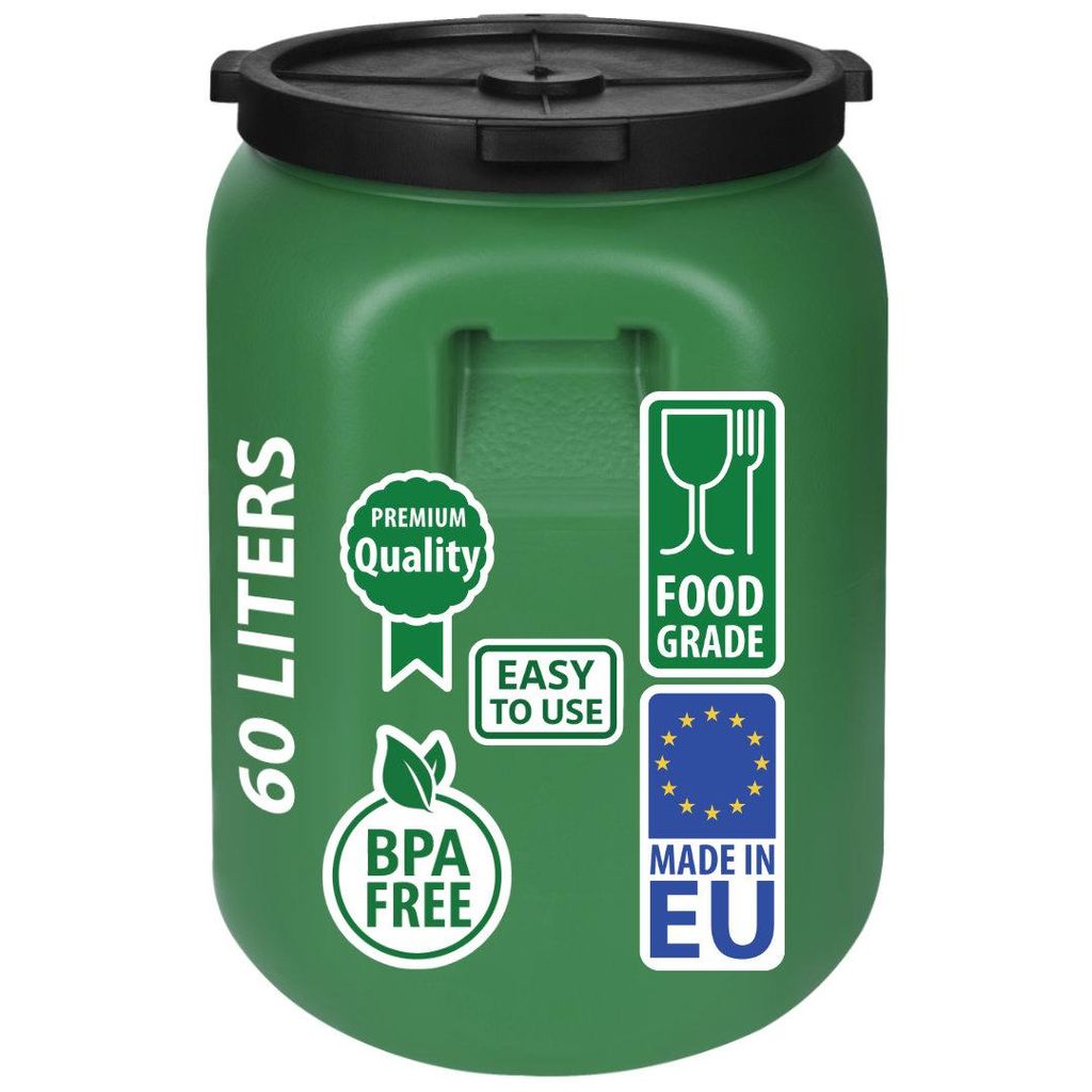 A green 60-liter barrel with a black lid, featuring various labels and icons.