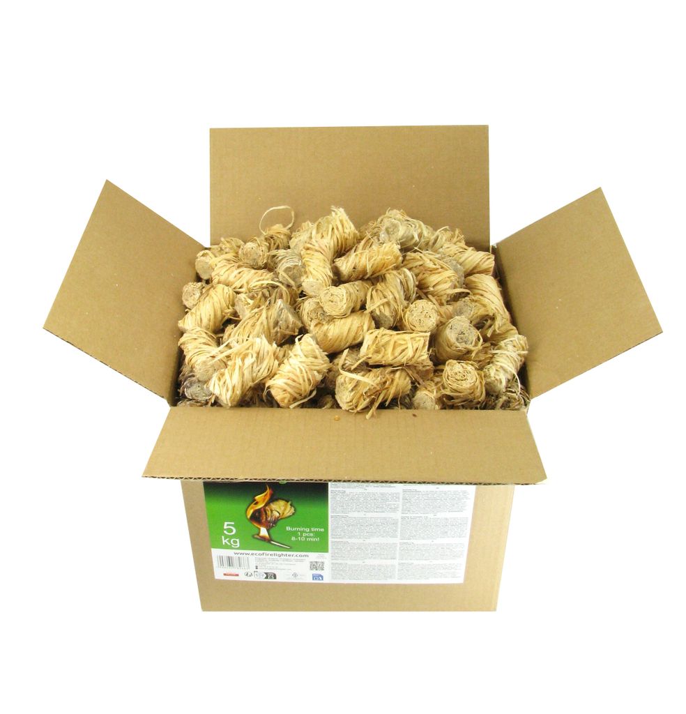 A cardboard box filled with firelighters, with the box flaps open.