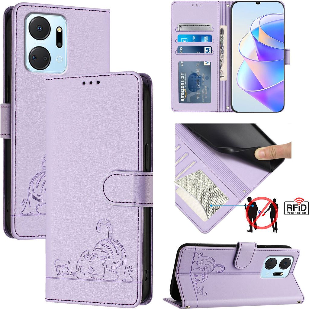 Leder Hülle für Honor X7a /Honor Play7T Süße Katze Flip Case Brieftasche Schutzhülle mit Standfunktion Lila