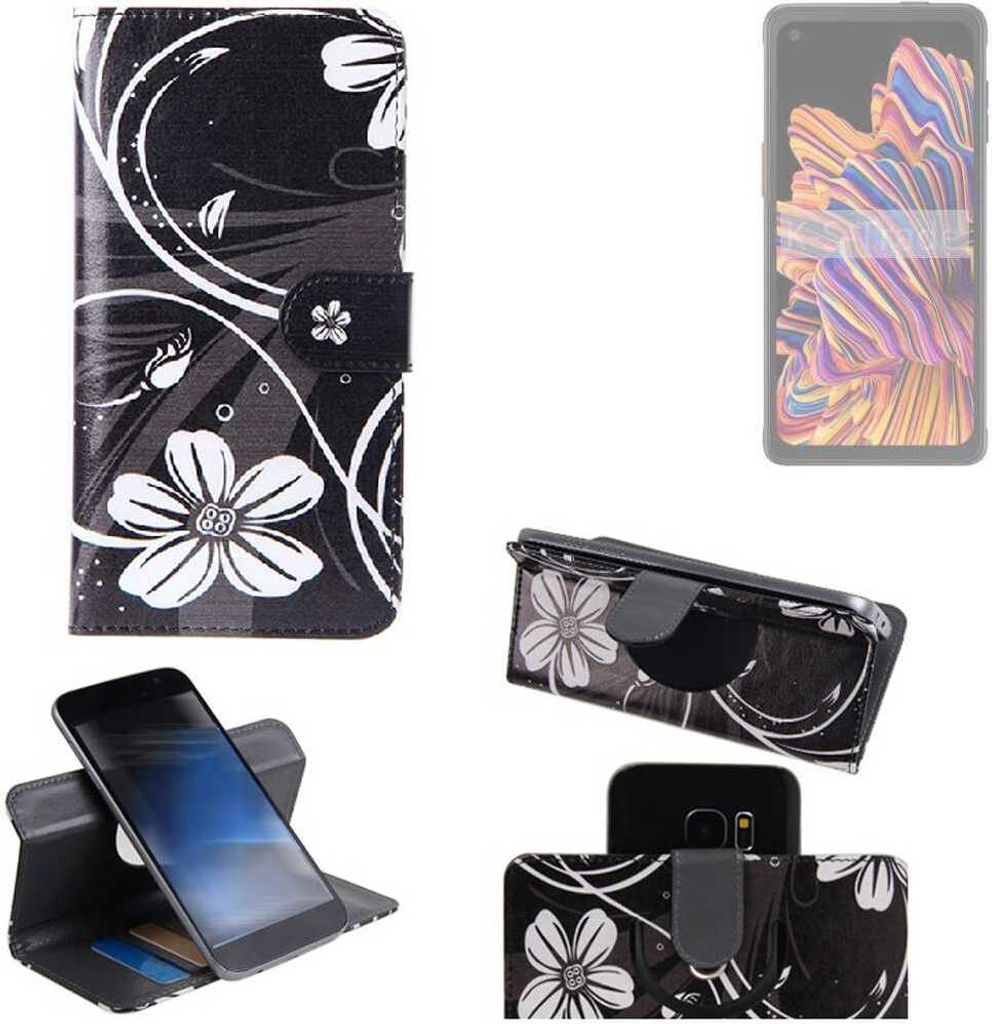K-S-Trade Schutzhülle Handyhülle kompatibel mit Samsung Galaxy XCover Pro Hülle 360° Wallet Case ''Flowers'' Klapphülle Hülle schwarz-weiß 1x