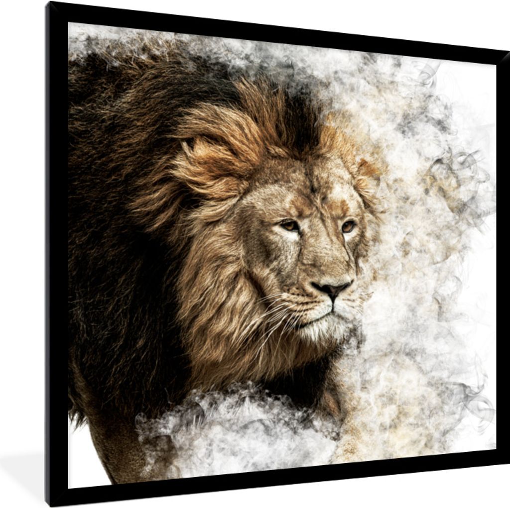 MuchoWow MuchoWow Gerahmtes Poster Löwe - Rauch - Tiere 40x40 cm - Poster mit zchwarzem Bilderrahmen - Mit Rahmen - Wanddekoration Schlafzimmer
