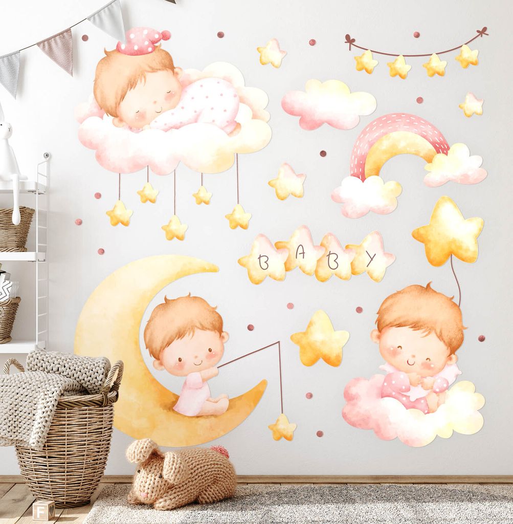 Kleinkinder auf Wolken– Wandgestaltung – Wandbilder Kinder – Motivtapeten Set – Wanddekor Kinderzimmer – Selbstklebende Wandsticker – 6...