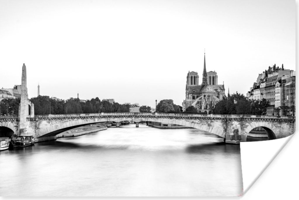 MuchoWow Poster Alte Brücke über den Fluss Seine in Paris - schwarz und weiß 90x60 cm - Schlafzimmer