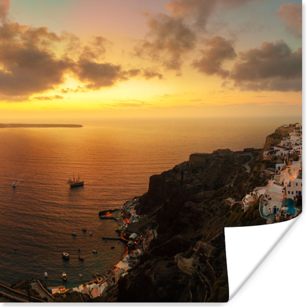 MuchoWow Poster Das Fischerdorf von Santorini Griechenland bei Sonnenuntergang 50x50 cm - Wohnzimmerdekoration