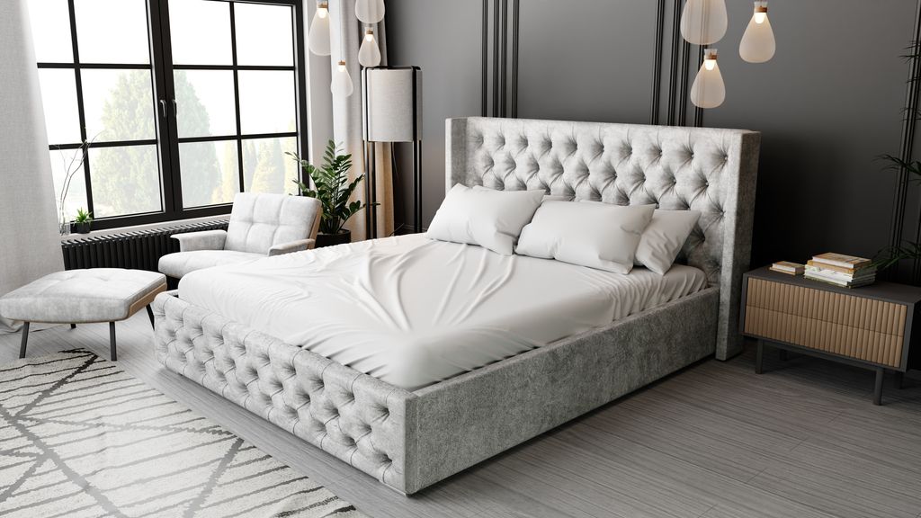 Polsterbett 200x200 cm Rolia - Chesterfield Doppelbett - Bettkasten, Kopfteil, Lattenrost - Samt Grau
