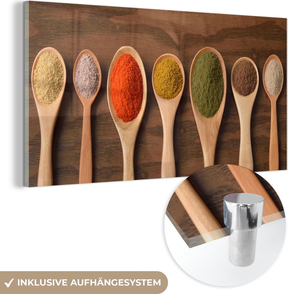 MuchoWow Glasbilder - Bilder auf Wandbild - Foto auf Glas Schöpfkelle - Kräuter - Lebensmittel - Gewürze - Tisch 120x60 cm Wanddekoration aus Gl...