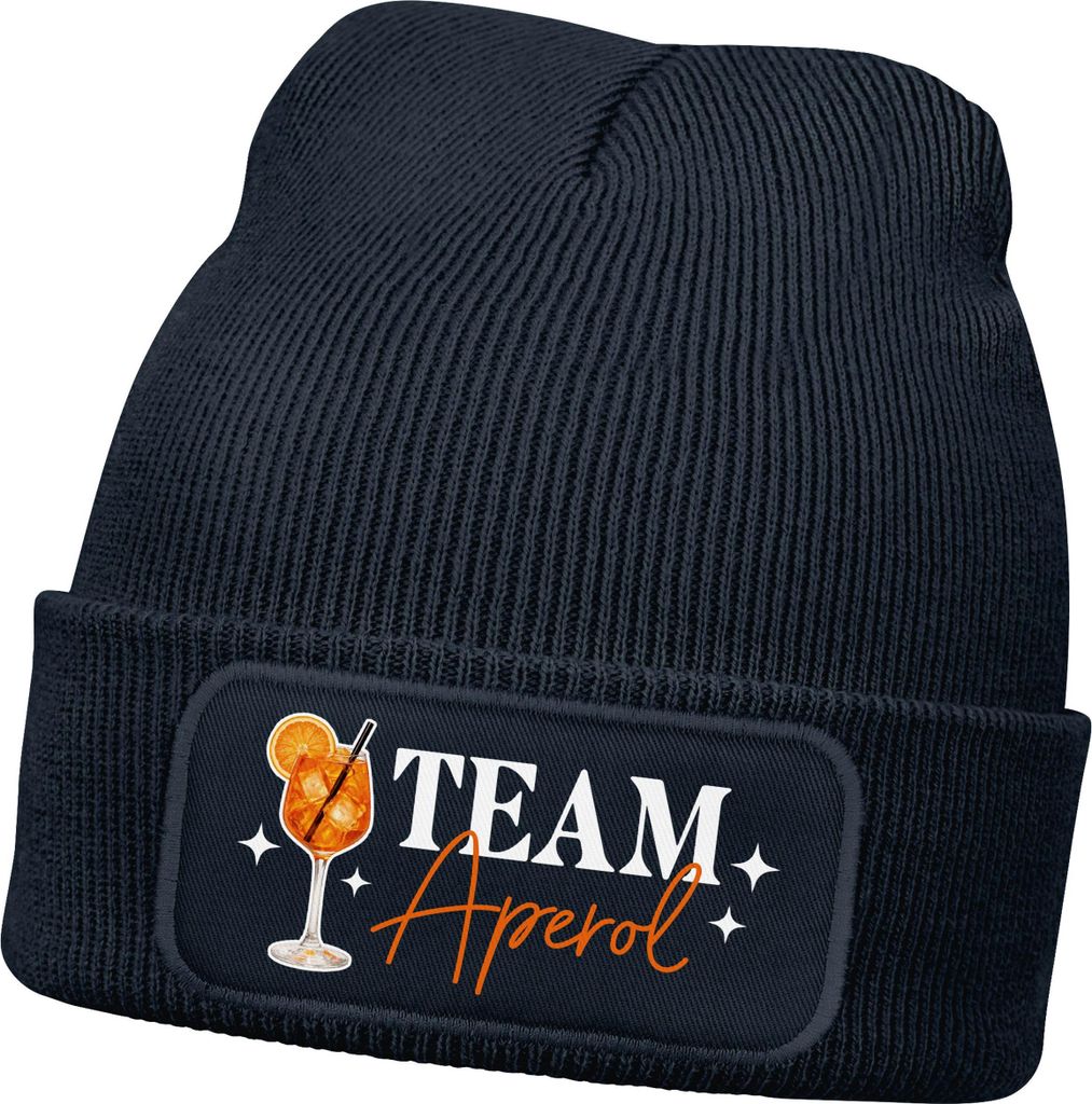 Damen Beanie - Team Aperol - Patch Strickmütze mit Spruch Aufdruck Lustig Damenmütze Acessoires Gruppenoutfit Moonworks