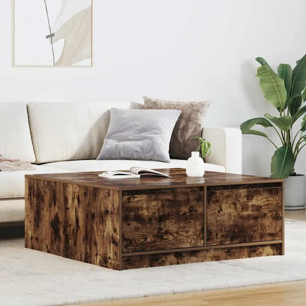 Table basse chêne fumé 100x100 cm dotée de grands tiroirs utiles