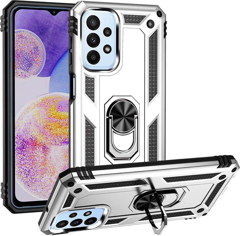 Galaxy A23 Hülle, Dual Layer Robust Militäre Schutzhülle mit Ringhalterung Ständer für Samsung Galaxy A23 Silber