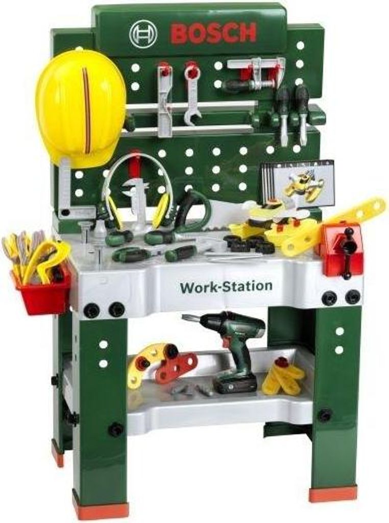 A toy workbench with various tools and accessories.