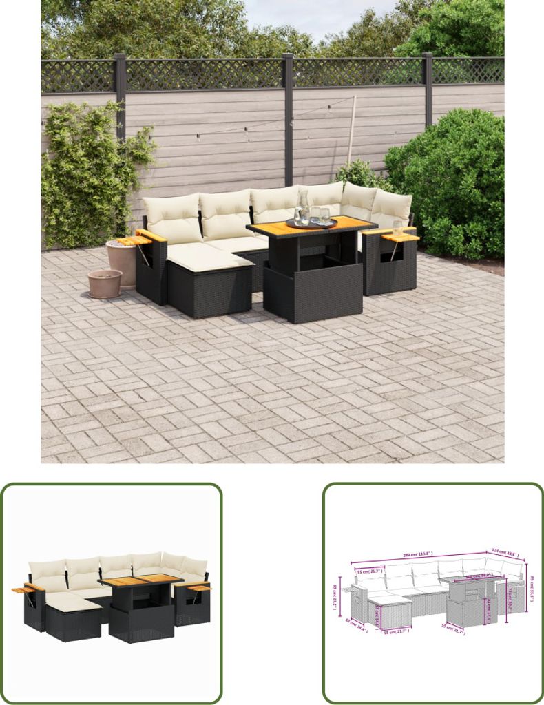 The Living Store 8-tlg. Garten-Sofagarnitur mit Kissen Schwarz Poly Rattan