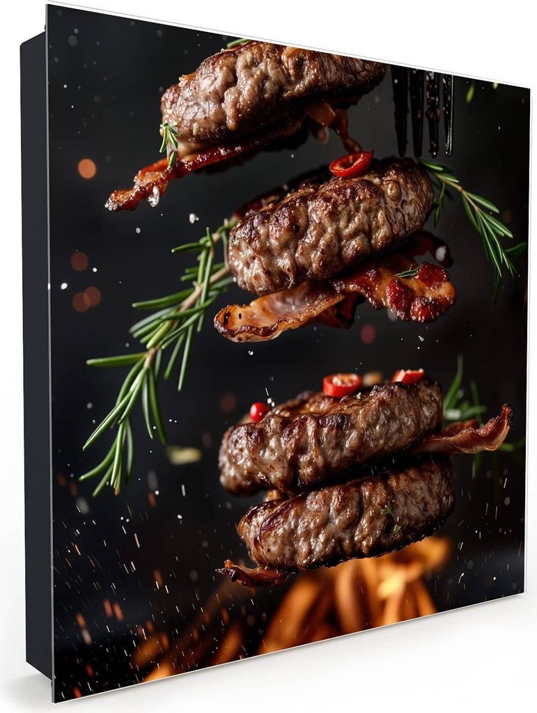 Nachbildung-Schlüsselkasten, Magnetpinnwand und Memoboard mit Glasfront Motiv Burger mit Bacon