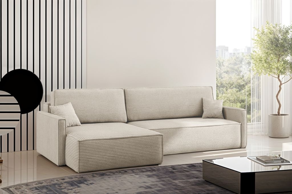 Kaiser Möbel Schlafsofa Carlos, Ecksofa L-Form mit schlaffunktion und bettkasten Stoff Poso Beige Links