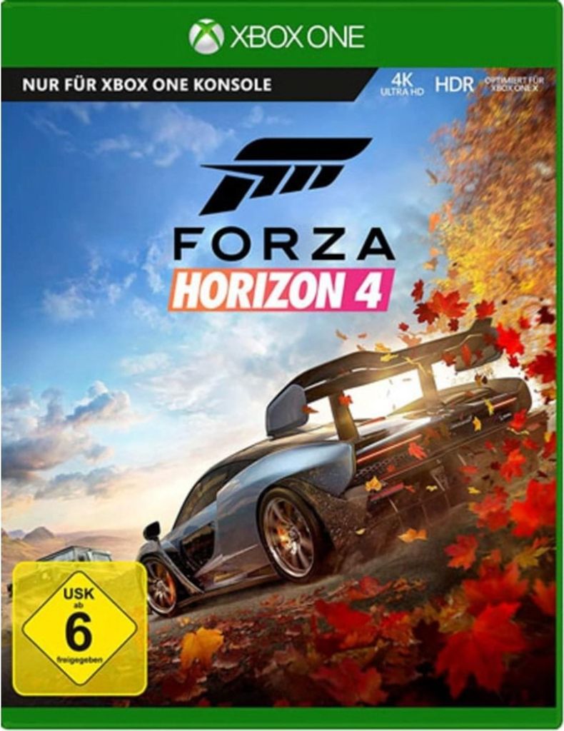 Cover art for the video game Forza Horizon 4, featuring a sports car driving on a dirt road with autumn leaves.