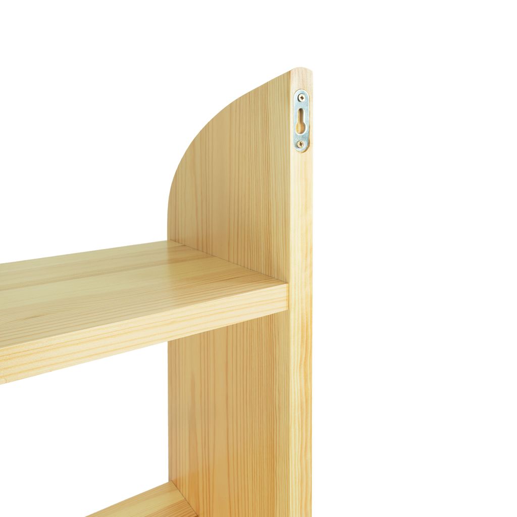 Close-up of a wooden shelf with a wall mounting bracket.