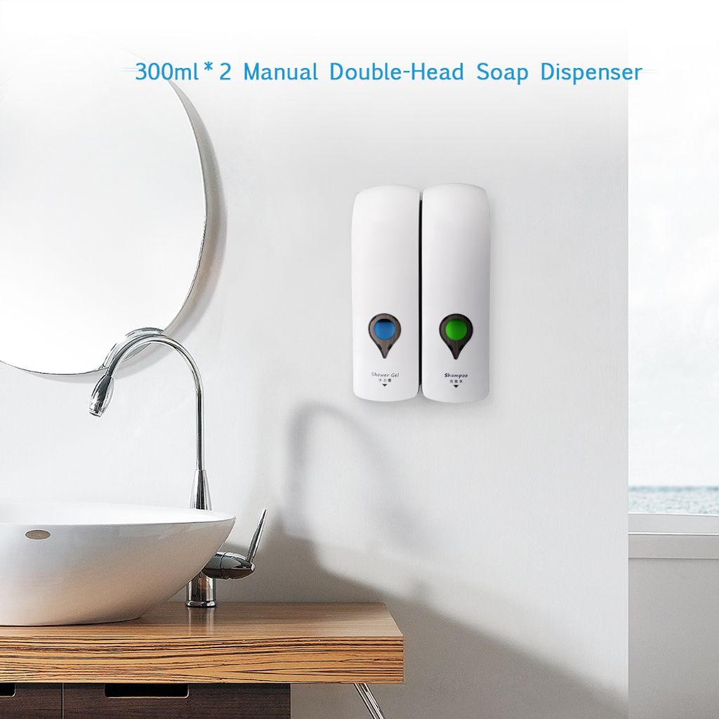 300ml * 2 NO Bohren an der Wand befestigter Doppelkopf-Handseifenspender Badezimmer-Duschgel-Fluessigkeitshampoo-Spender-Halter - Weiss