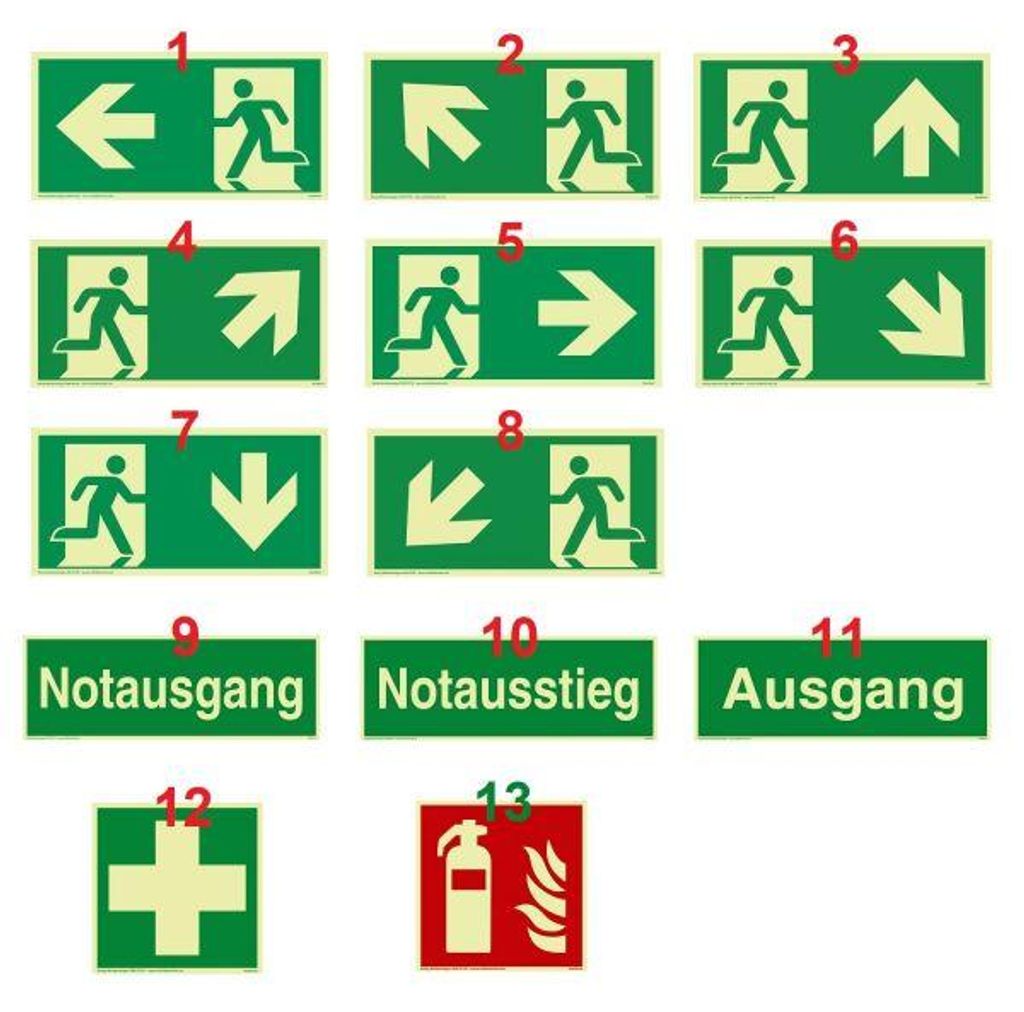 Variationsset Notausgang 297x148mm Schild PVC selbstklebend 2. Rettungsweg links aufwärts nachleuchtend nach DIN 67510