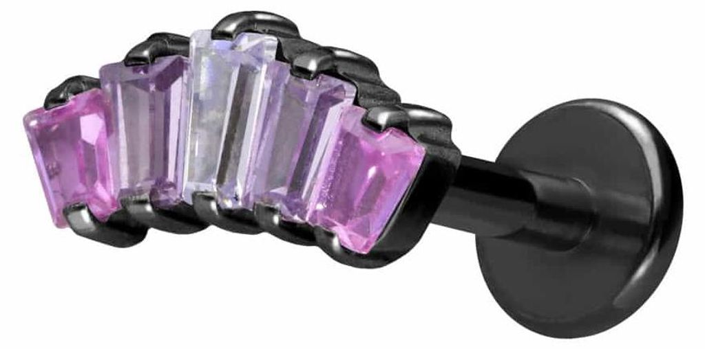 Ohrpiercing, Nasenpiercing Titan Labret mit Innengewinde 5 EINGEFASSTE KRISTALLRECHTECKE Schwarz Stablänge: 6mm | Stabstärke: 1,6mm
