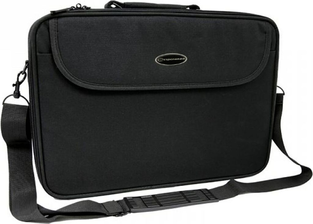 A black laptop bag with a shoulder strap is shown against a white background.