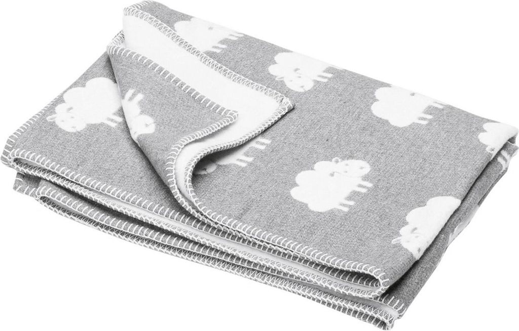 A folded gray blanket with a white sheep pattern is shown against a white background.