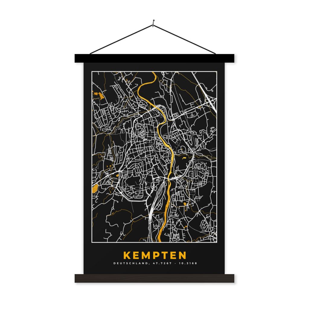 MuchoWow Textilposter Stadtplan - Deutschland - Gold - Kempten - Karte 40x60 cm mit schwarzem Rahmen - Wanddekorationen